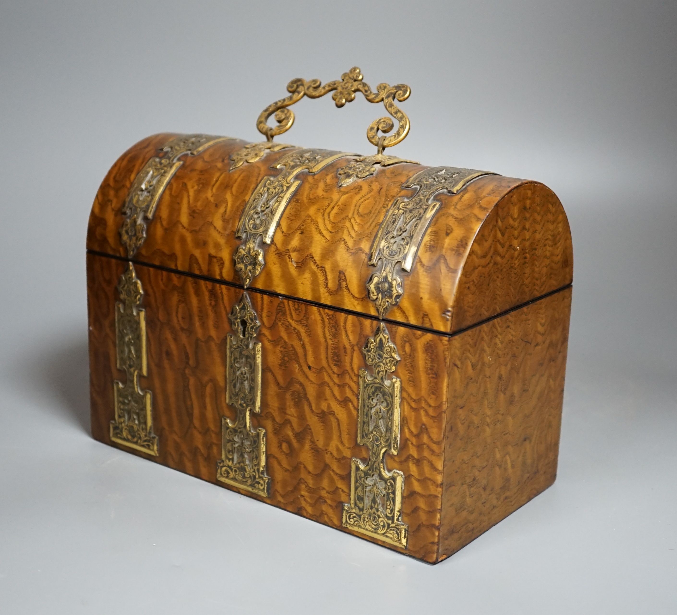 A Victorian Hungarian ash stationery box by Mechi, 114 Regent Street London, domed top with decorative gilt mounts fitted interior with 